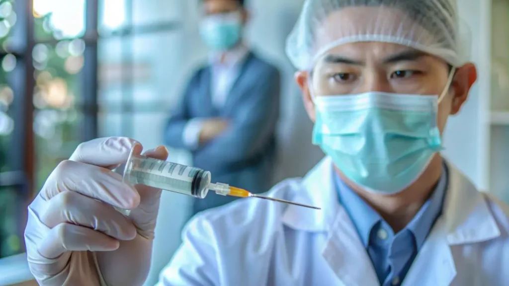A medical professional holding a medical injection.