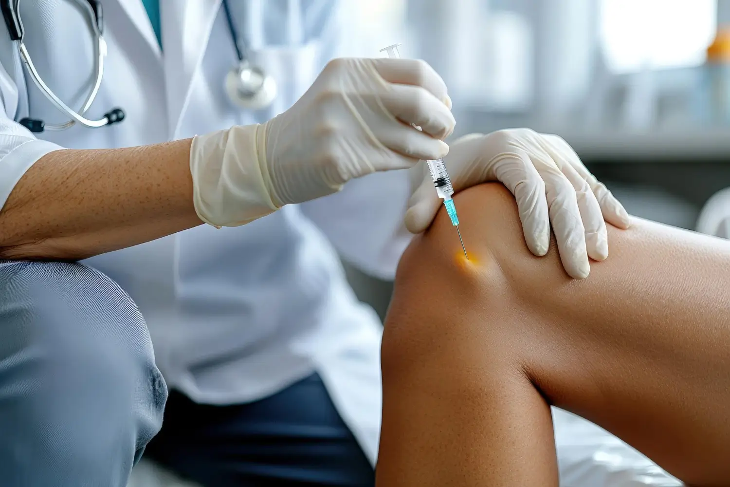 An AI-generated image of a medical professional administering knee injection for an individual's osteoarthritis.