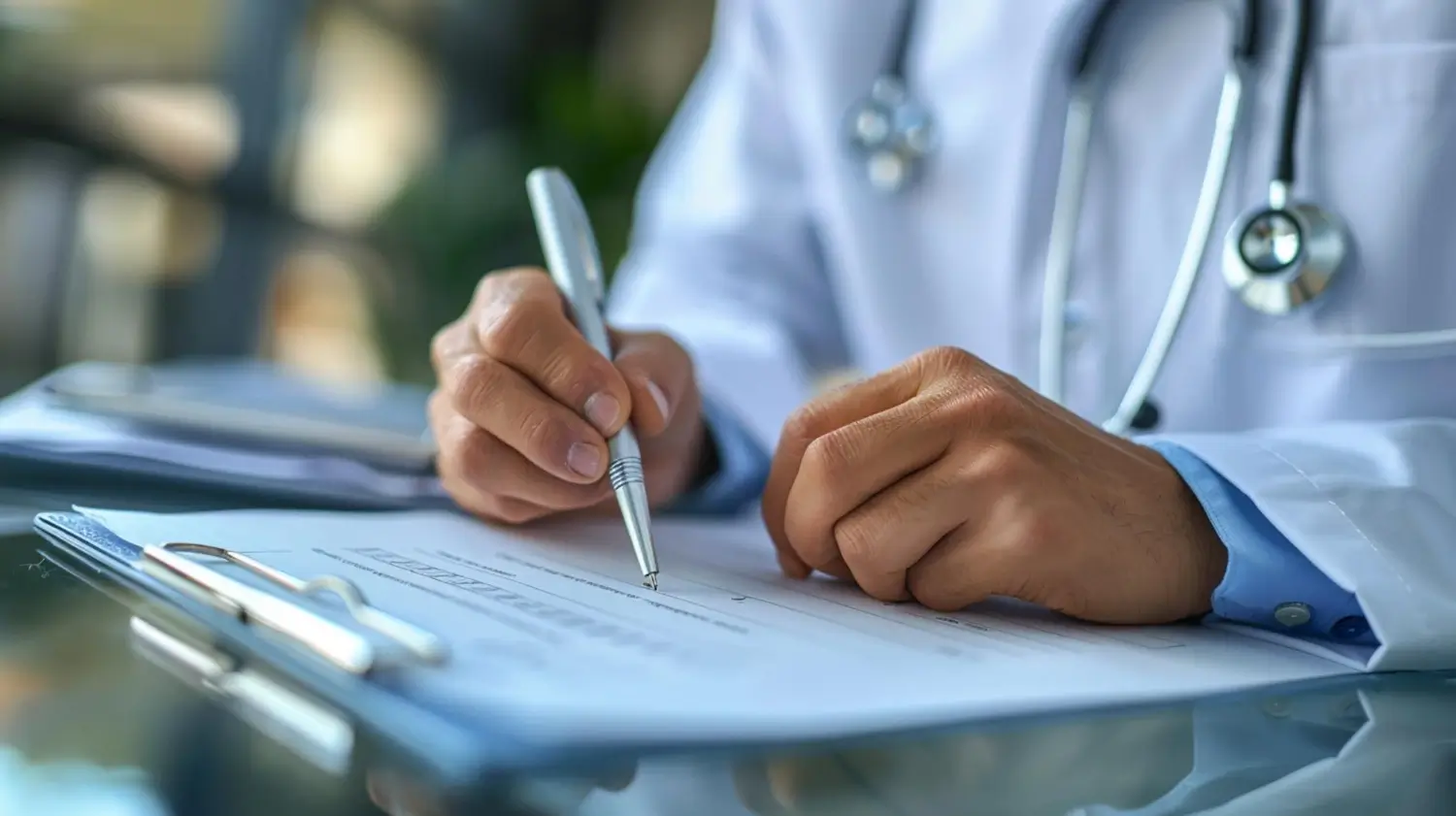 A medical practitioner writing a patient's prescription.