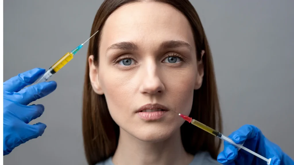 An individual receiving different injections into their facial region.