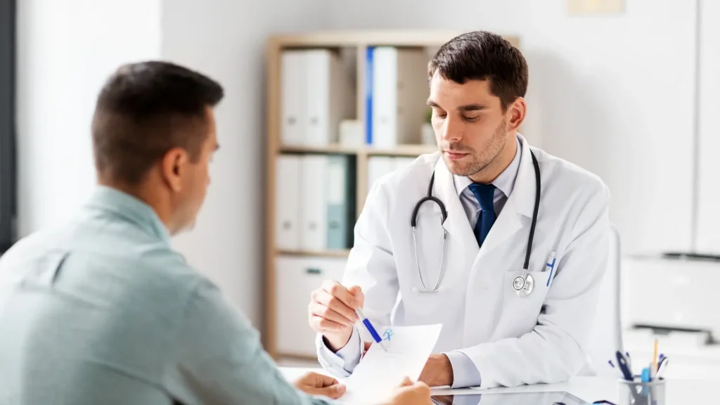 A medical provider discussing the prescription to the patient.