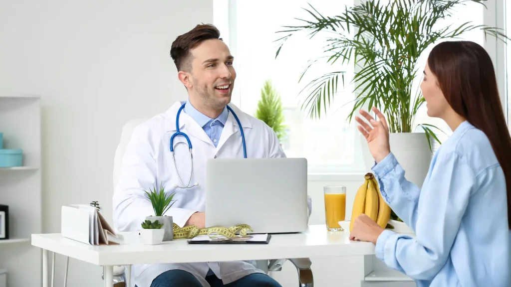 A doctor and patient consultation.