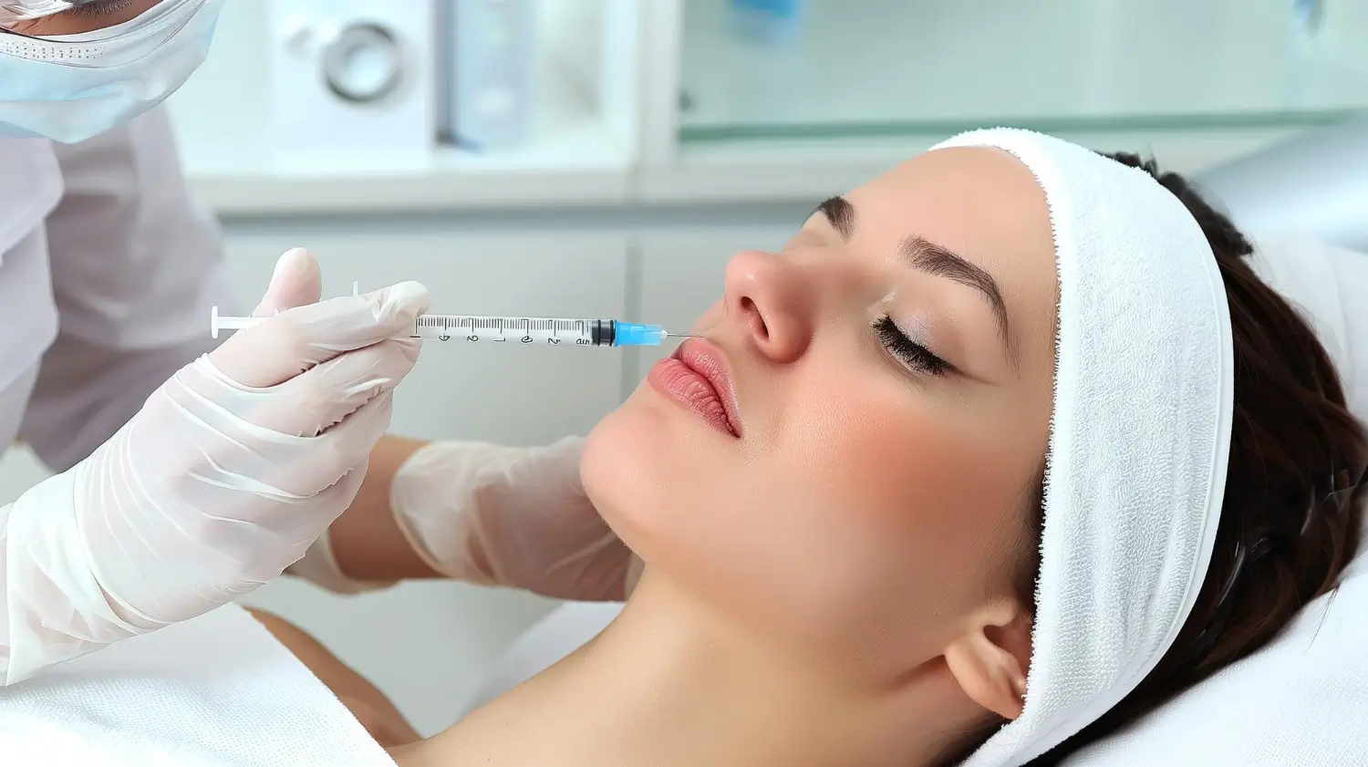 A medical professional administering a facial injection.