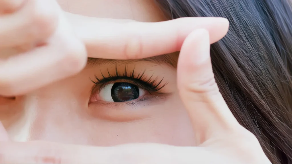 An individual showing their long lashes and eyes.