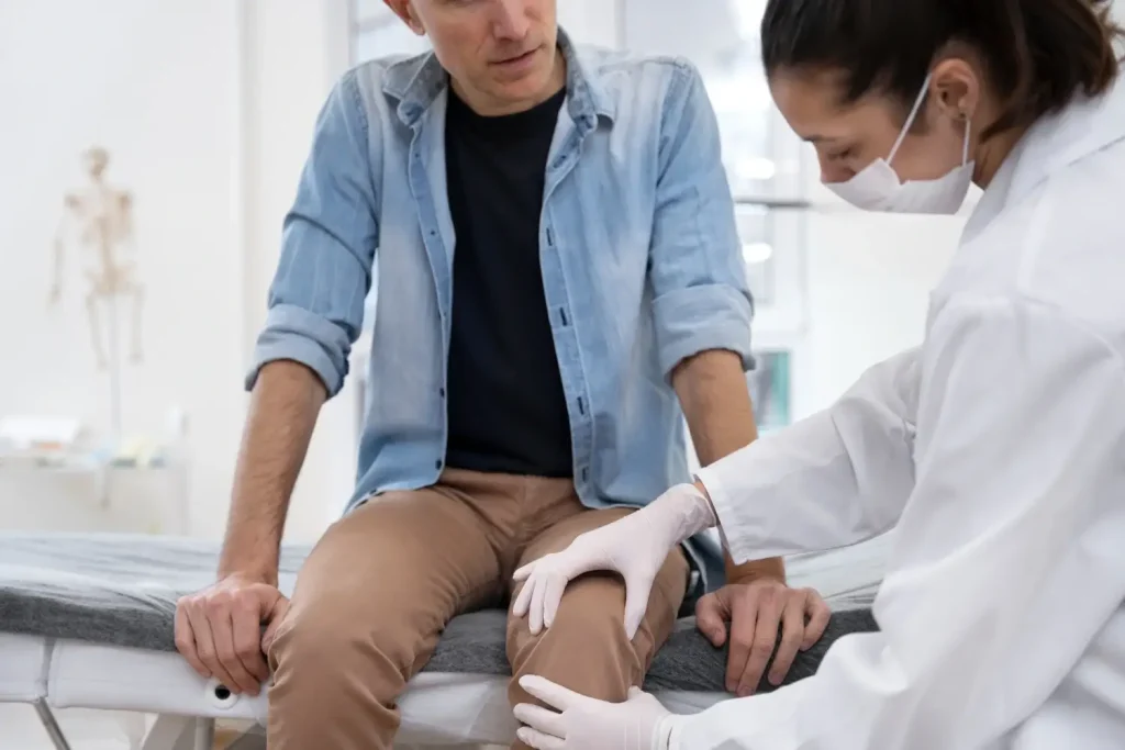 An individual undergoing a knee examination.