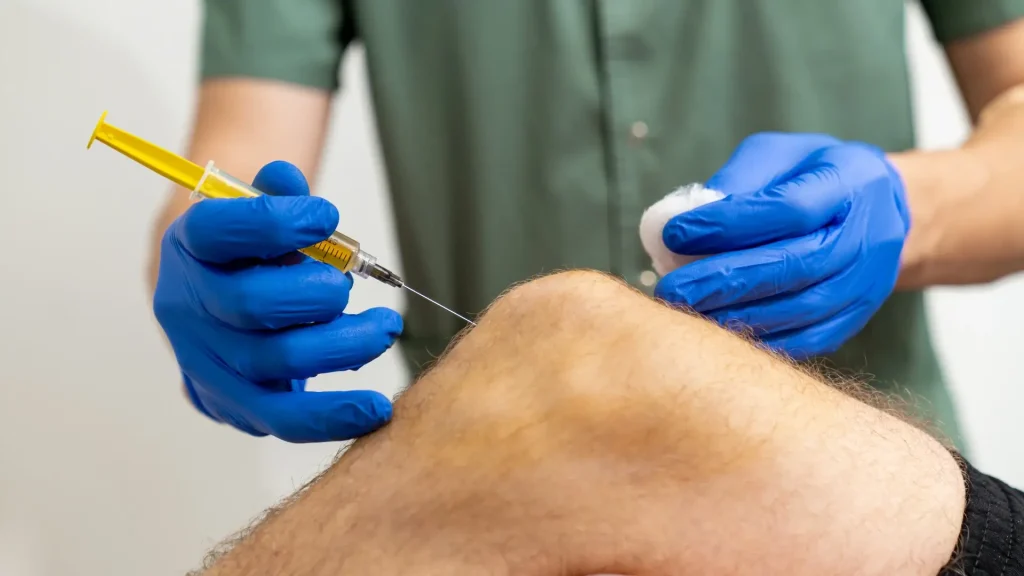 A medical professional administering a knee injection.