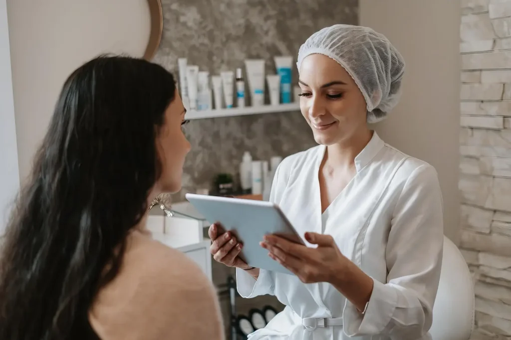 A medical professional and patient during a consultation.