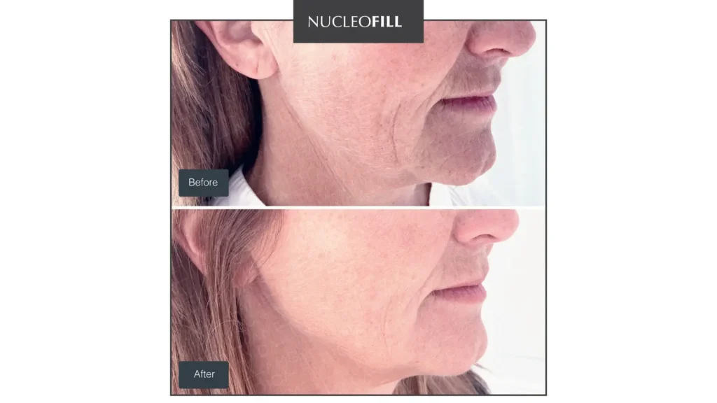 A Nucleofill patient's before and after photo of their lower face lines and wrinkles.