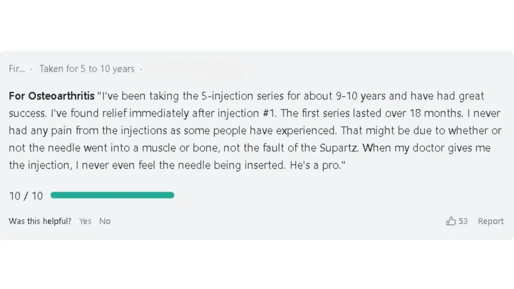 A patient's testimonial of their successful Supartz injection experience for their knee osteoarthritis.
