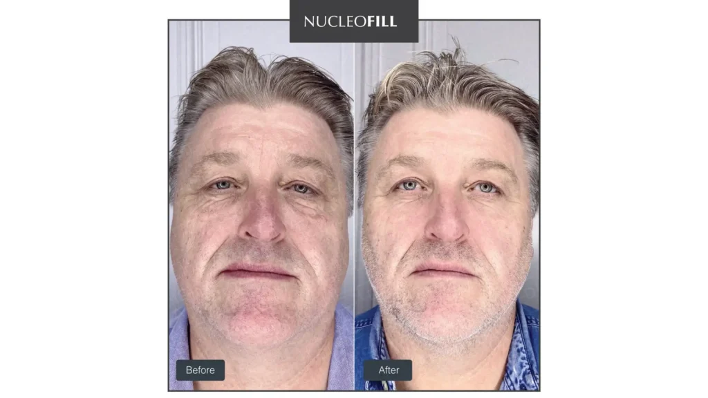 A Nucleofill-treated patient's before and after photo of their facial rejuvenation.
