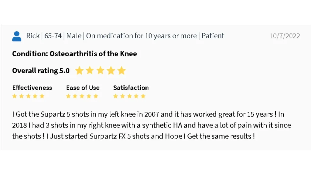 A patient testimonial regarding the efficacy of Supartz in addressing their knee osteoarthritis symptoms.