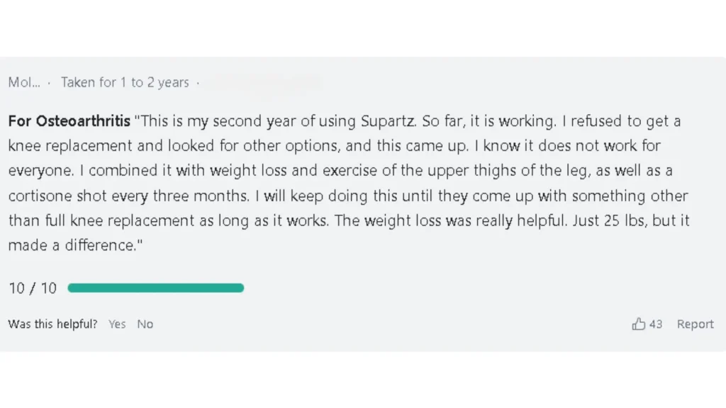 A patient's positive experience of Supartz injections for their knee osteoarthritis.