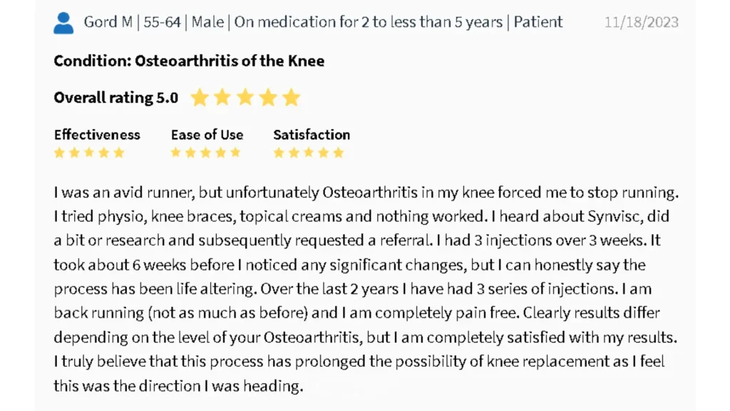 A patient testimonial of their Synvisc injection experience for their knee osteoarthritis.