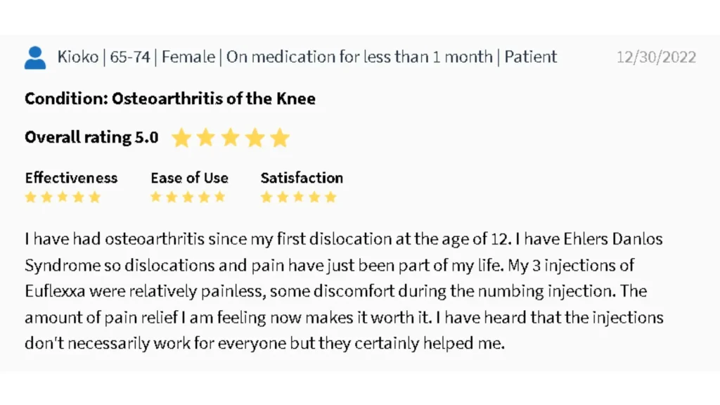 This Euflexxa patient testimonial highlights the efficacy of the viscosupplement in addressing knee osteoarthritis symptoms.