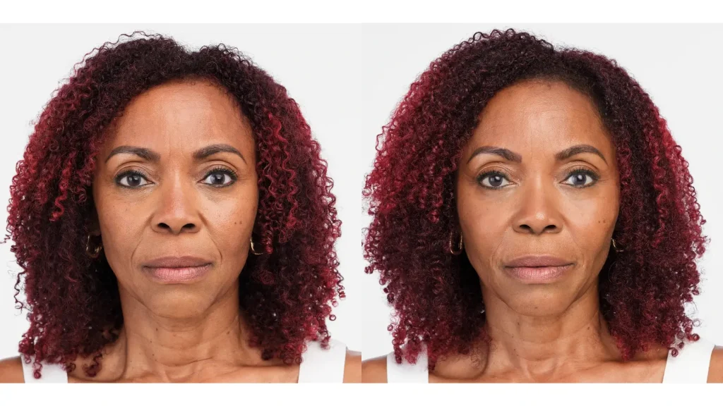 A Radiesse-treated patient's before and after photo of their treatment after four weeks.