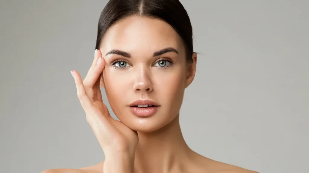 A woman showing off her smooth and clear facial skin.