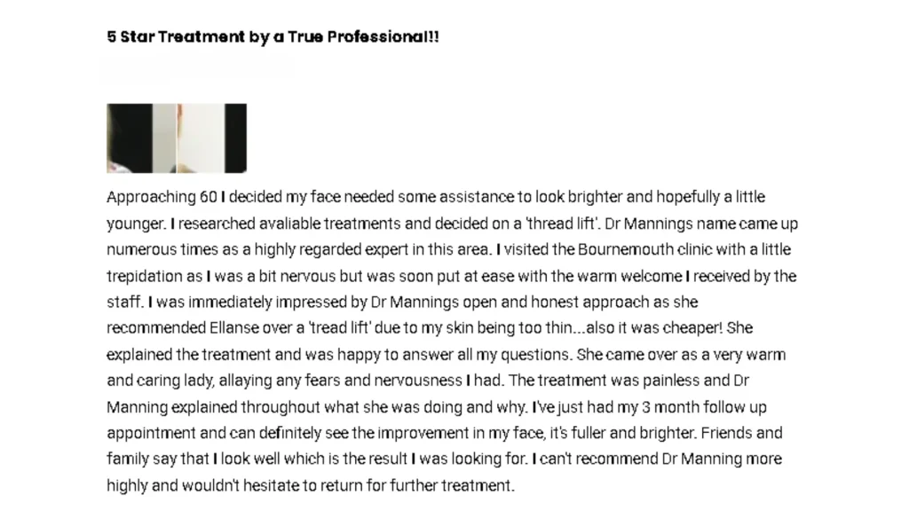 A patient testimonial of a patient who has undergone an Ellanse dermal filler facial rejuvenation.