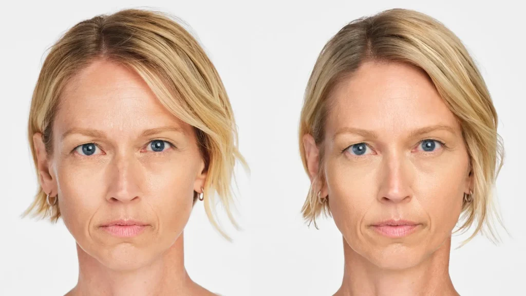 A Radiesse patient's before and after treatment of their '11' lines and nasolabial folds.