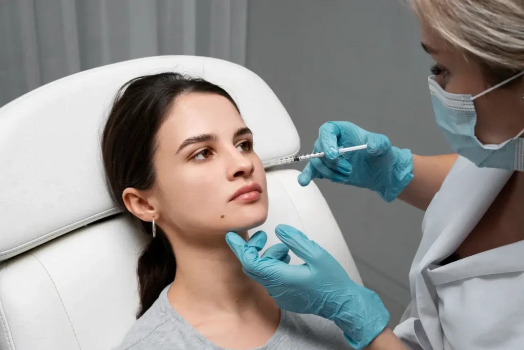 A medical professional administering a cheek injection into a patient's mid-face region.