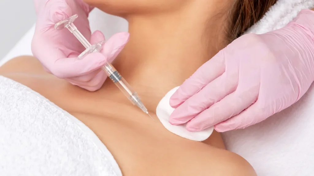 A medical professional administering an injection near the patient's chest area.
