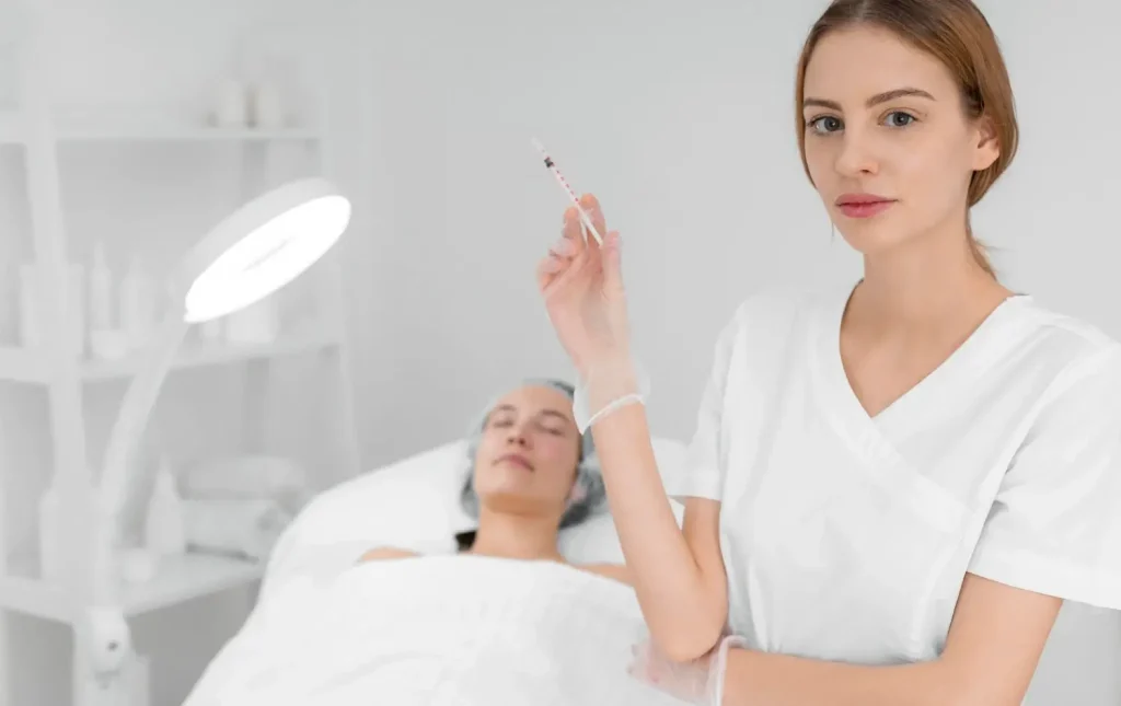 An aesthetic professional holding an injection before the treatment process.