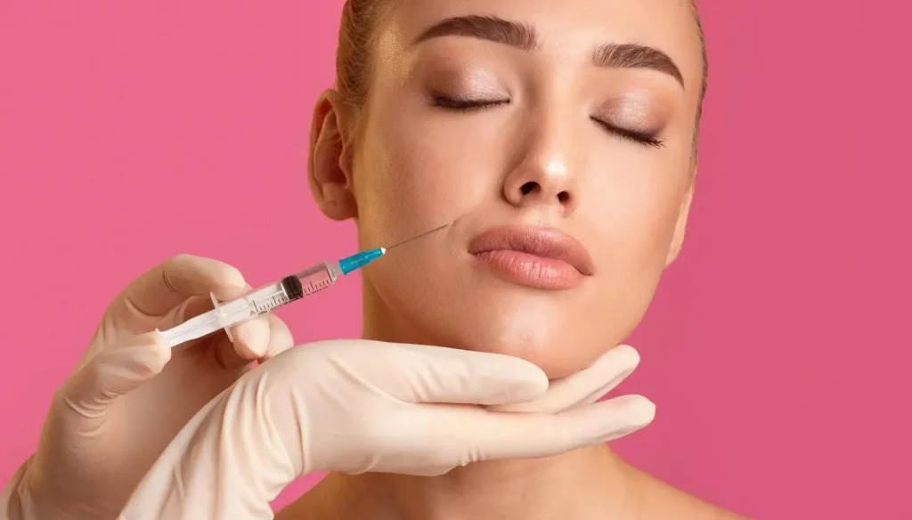 An individual receiving an injection to address their nasolabial folds.