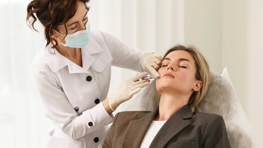 A medical professional administering an injection into a patient's nasolabial folds.