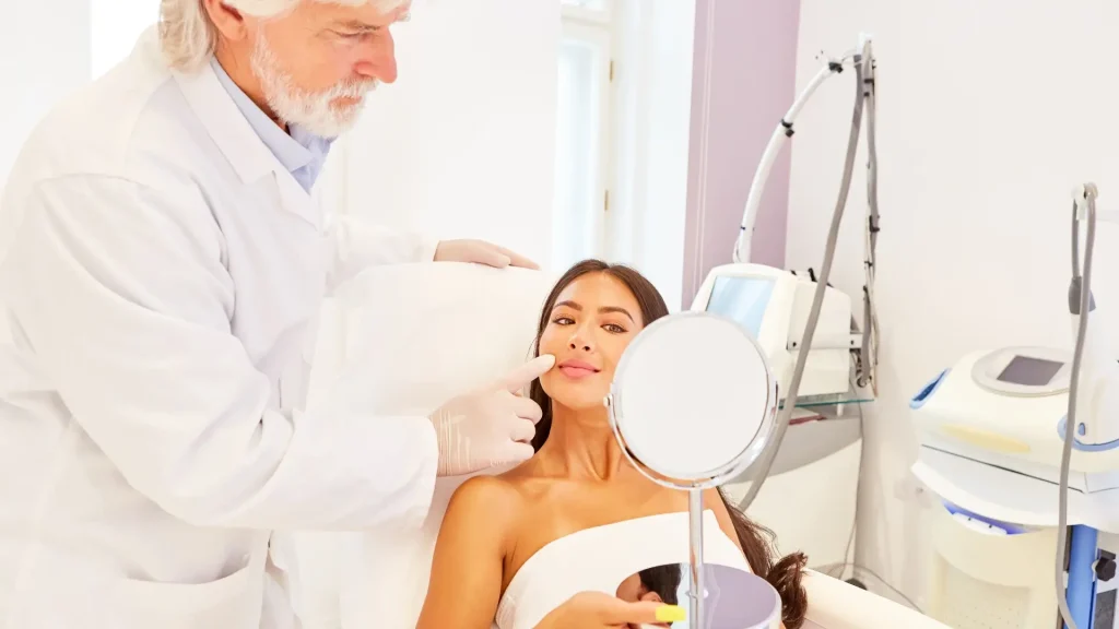 An individual undergoing a consultation with an aesthetic professional.