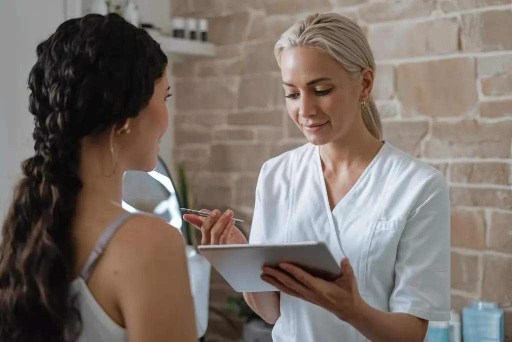 An aesthetic provider examining the patient's skin.