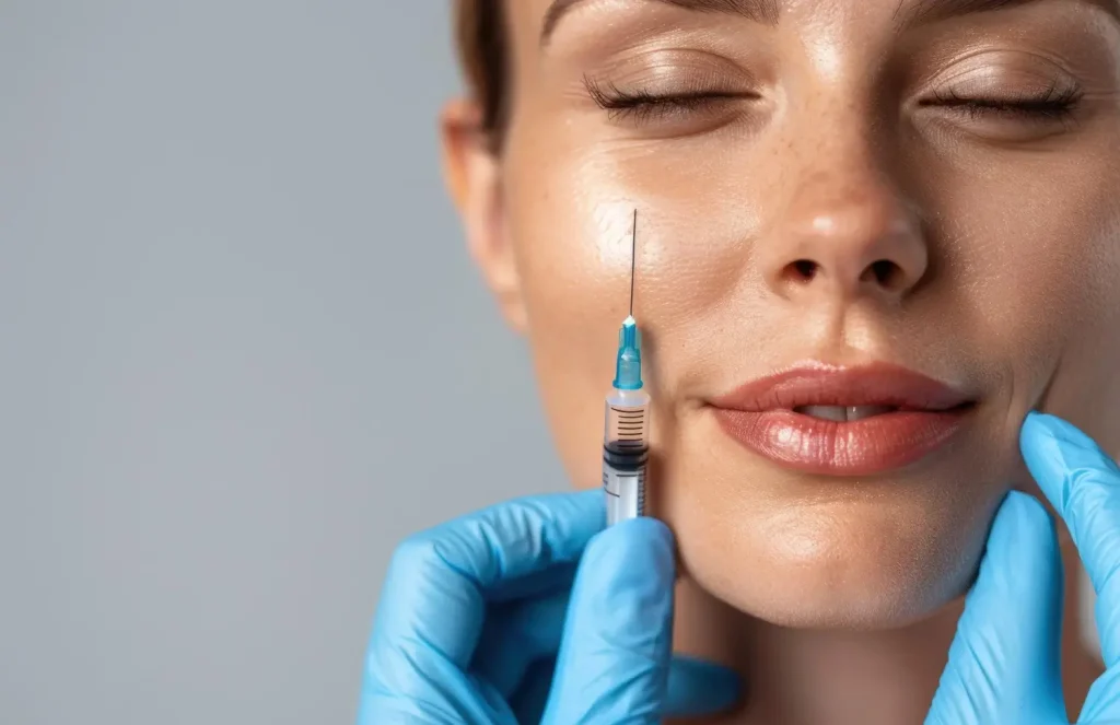 A medical professional holding an injectable near the patient's midface region.