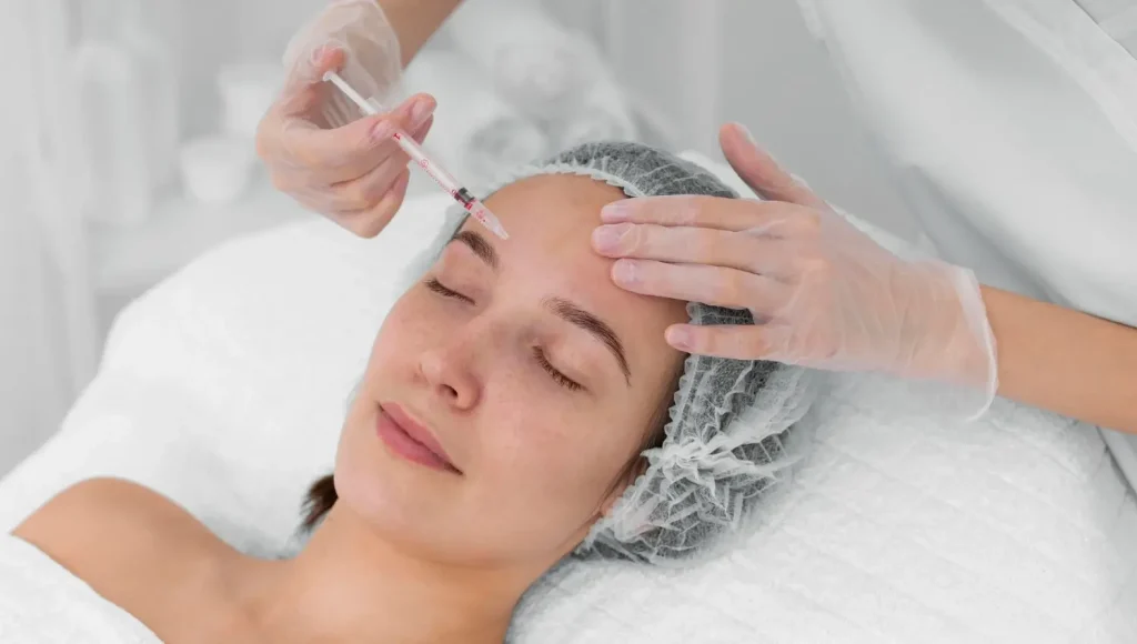 A medical professional administering an injection into the patient's forehead.