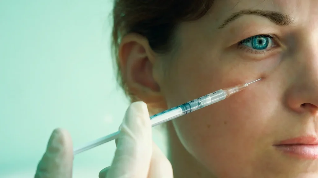 A medical professional administering an injection into a patient's under eye region.