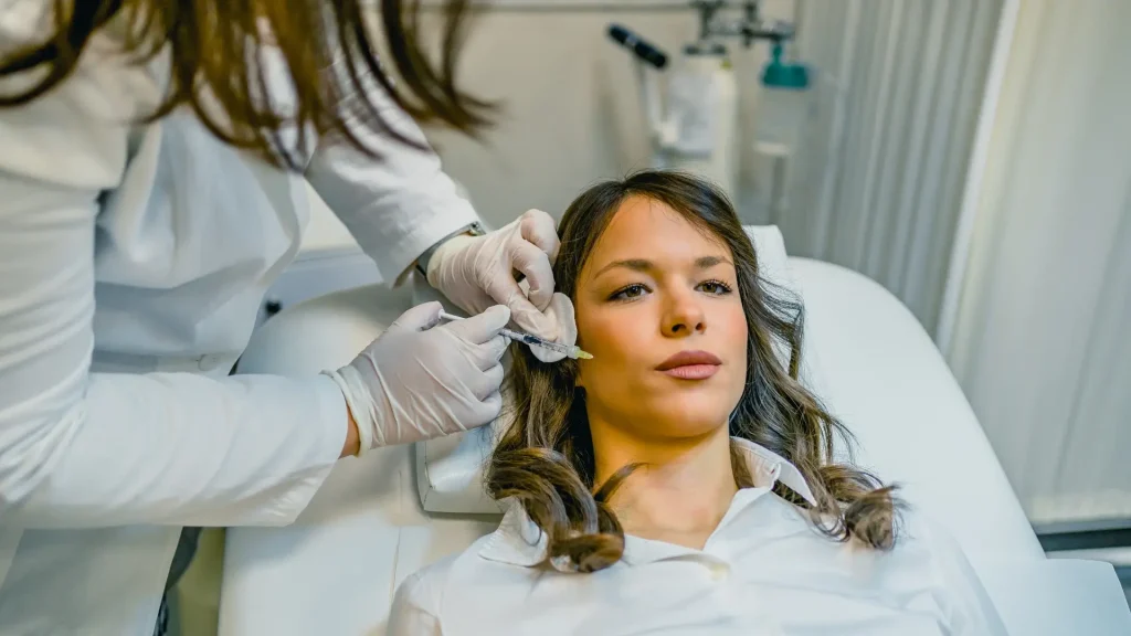 A medical professional administering a patient's injection into her mid-face region.