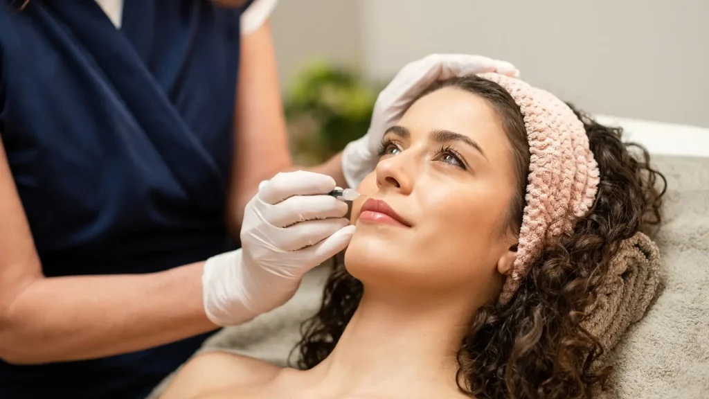 An aesthetic provider administering a lip injection into the patient's upper lip.