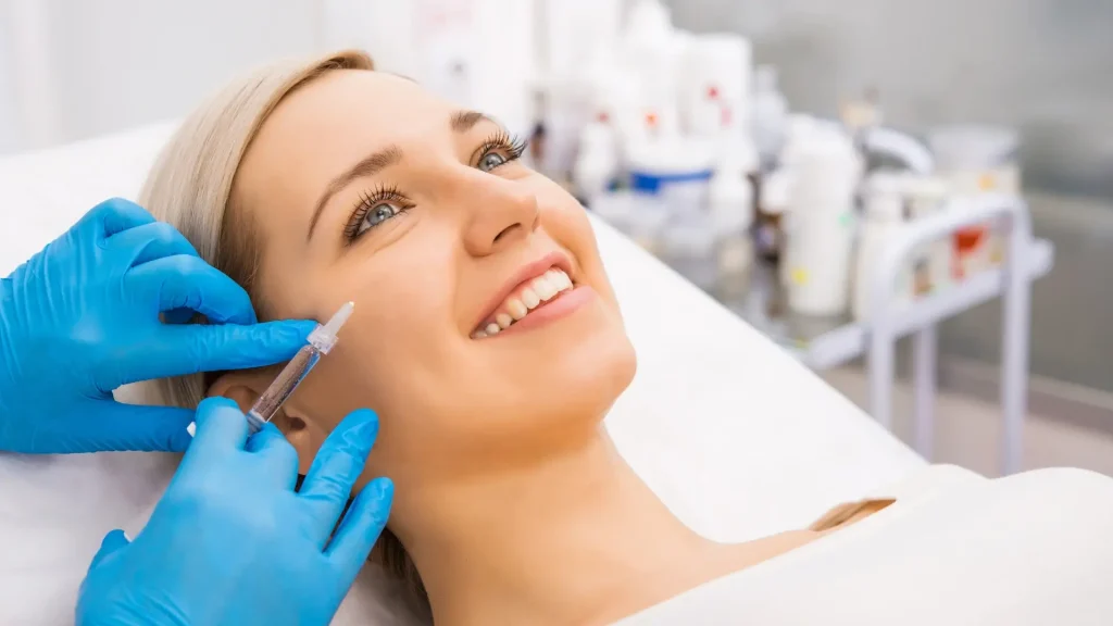 An individual receiving a facial injection from an aesthetic practitioner.