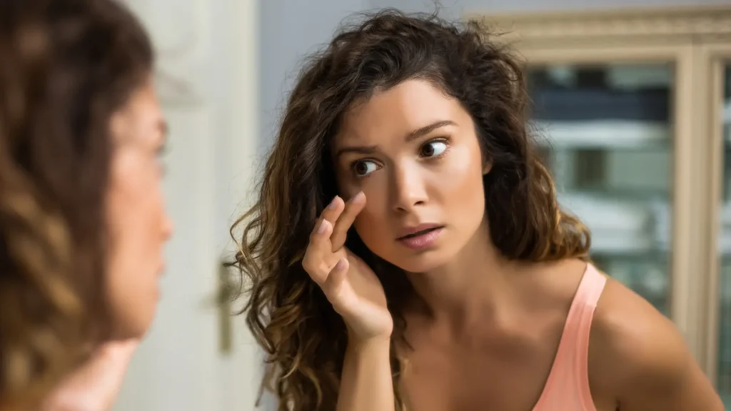 An individual looking at their under-eye area through a mirror.