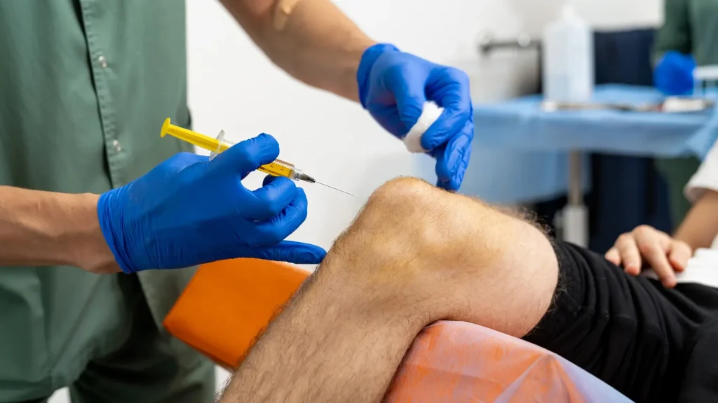 A medical professional administering a knee injection into a patient.