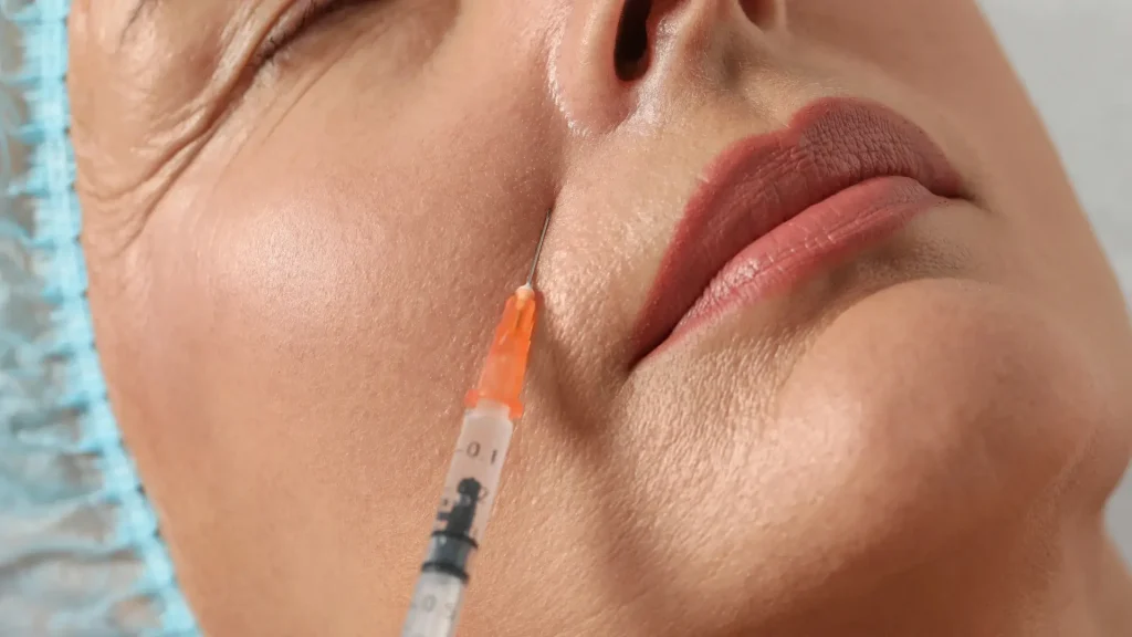 An older individual undergoing a facial injection for their nasolabial folds.