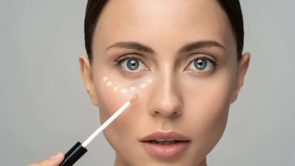 An individual marking their under-eye region with concealer.