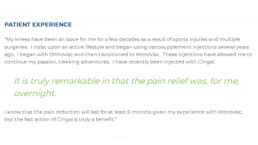 A patient's positive experience with their Cingal injection treatment.