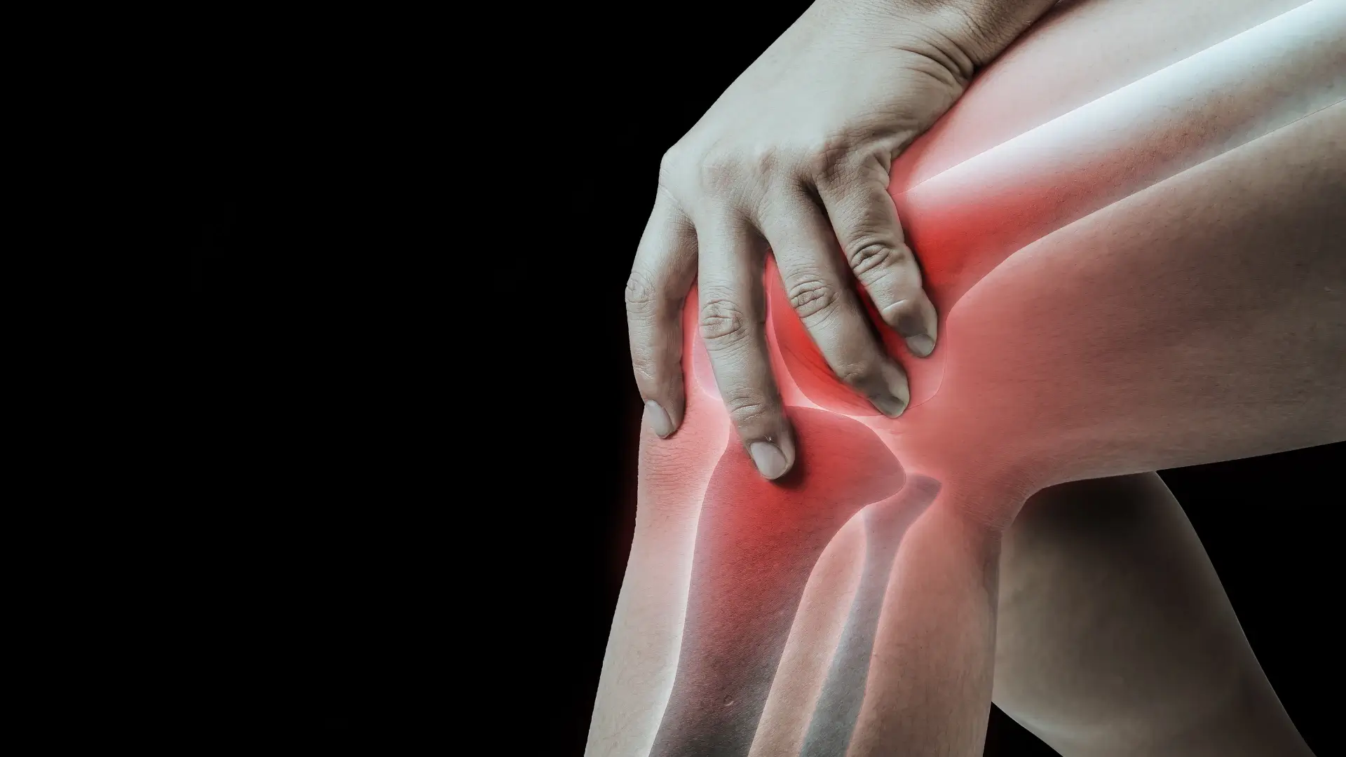 A close-up graphic of an inflamed knee joint.