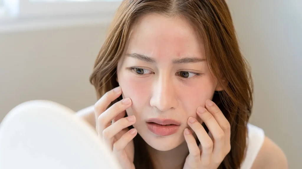 A woman worrying about the redness on her facial skin.