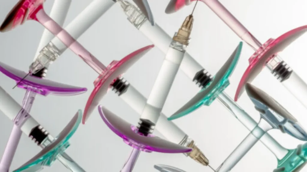 Multiple Stylage dermal fillers scattered on a surface.