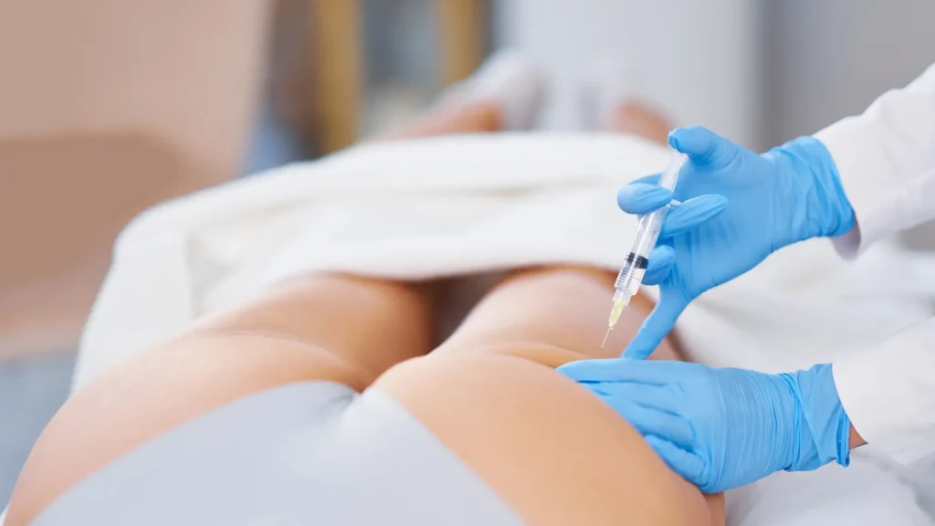 A medical professional administering an injection into the patient's buttocks.