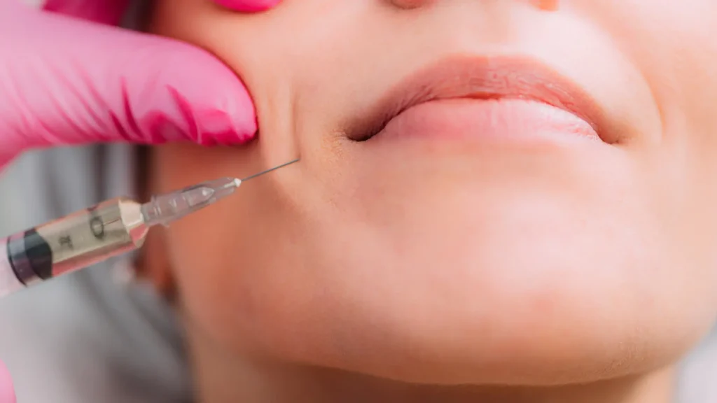 A medical professional administering an injection into a patient's nasolabial folds.