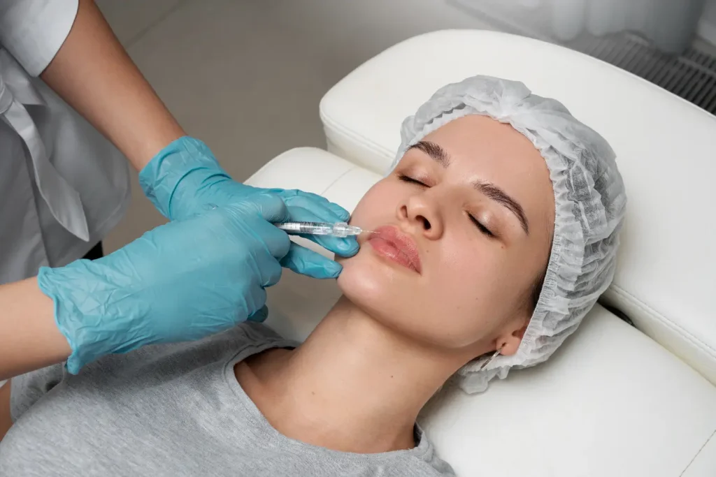 A patient undergoing a lip injection filler treatment.