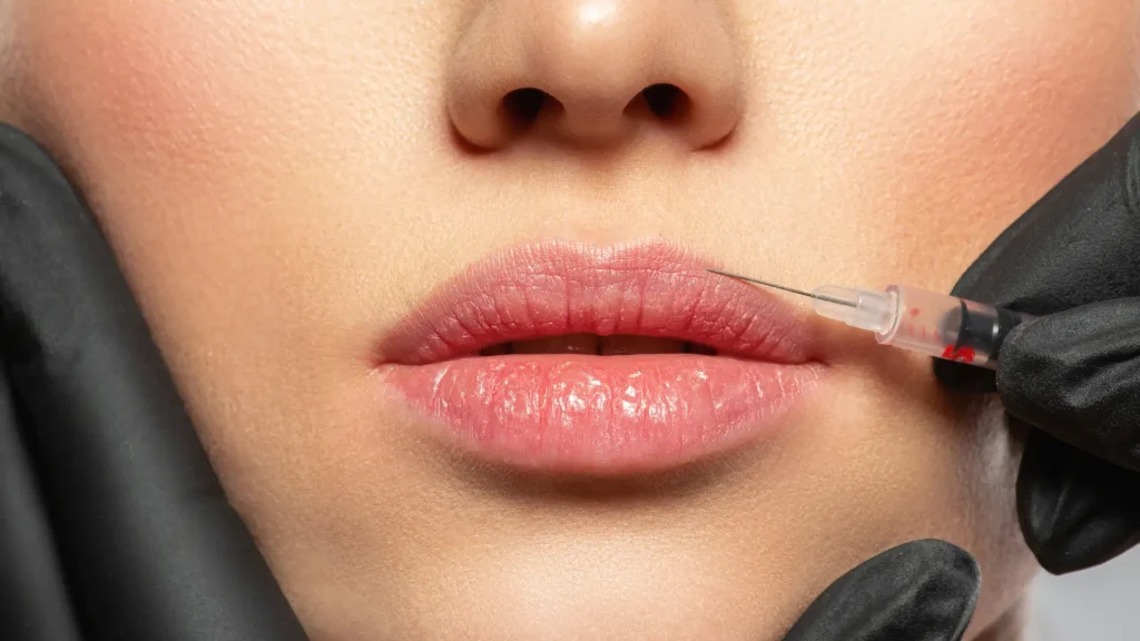 A medical professional administering an injection into the patient's lips.