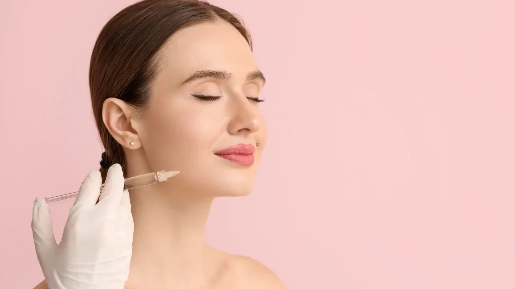 An individual receiving a dermal filler injection for their midface.