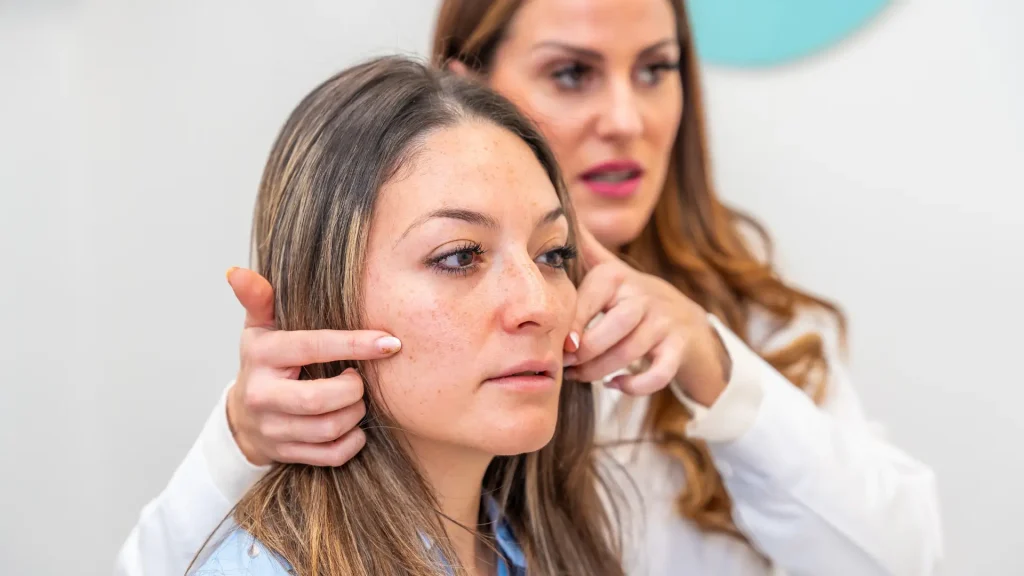 An individual undergoing a consultation with a medical professional.