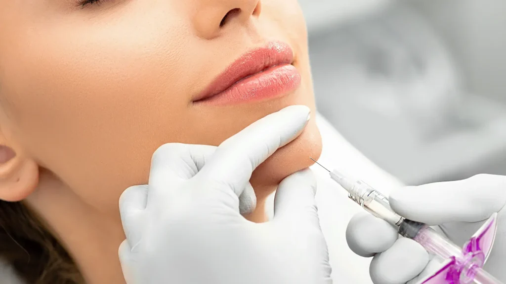 An individual receiving an injectable treatment for their chin.